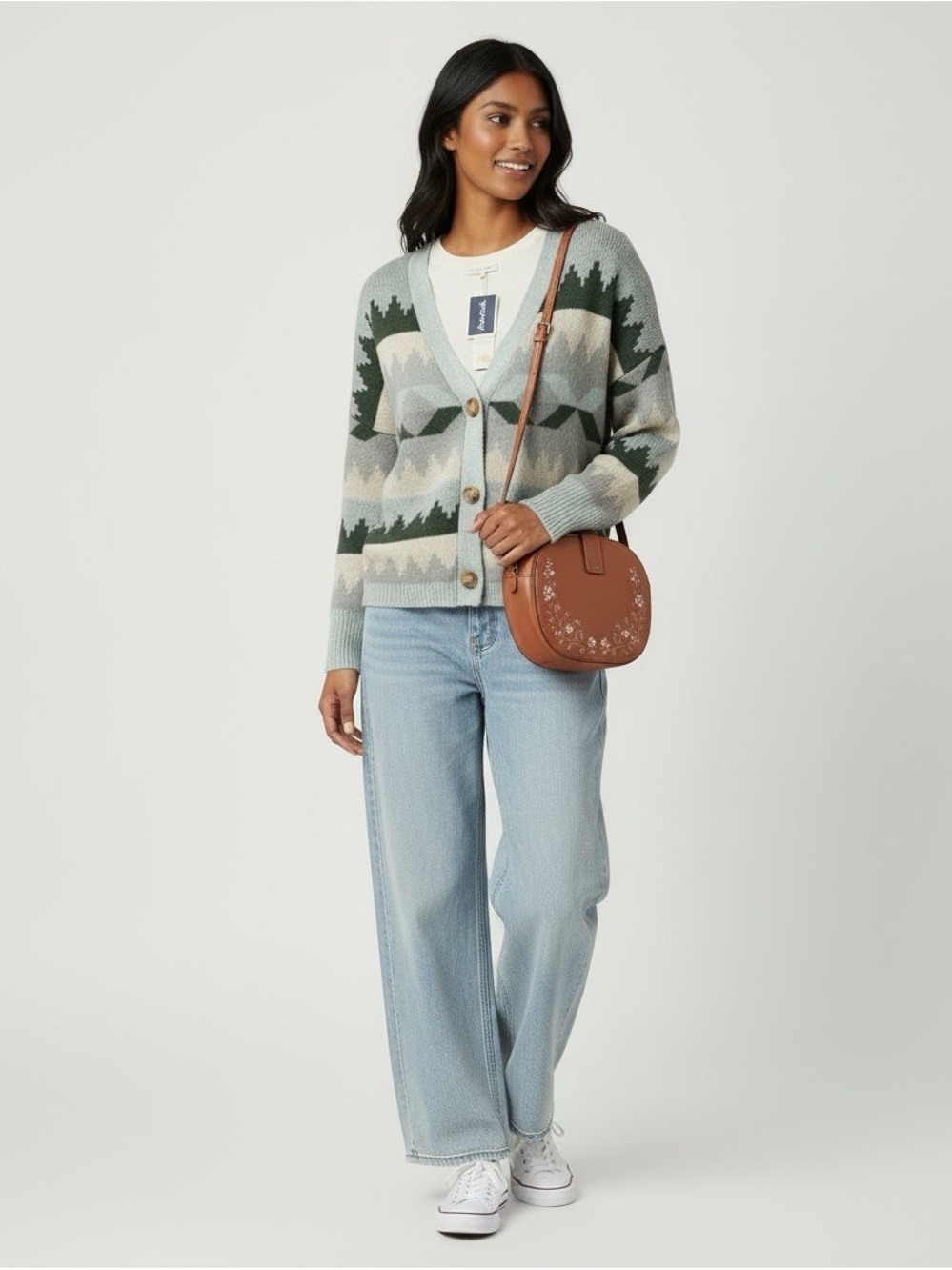 C&C California Aztec Jacquard V-Neck Cardigan Gray & Green XL